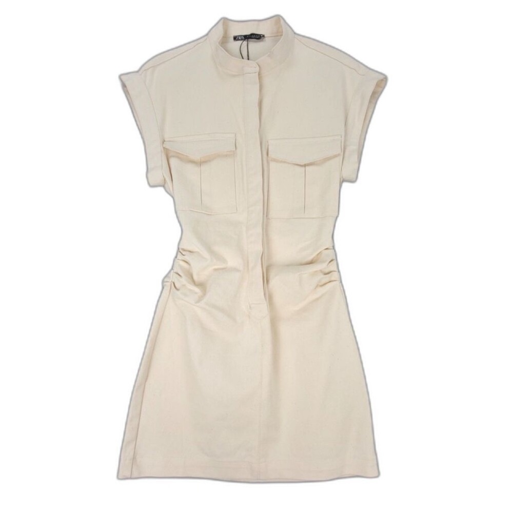 NWT Zara Back Pleat Pocket Mini Dress Cargo
Utility Cream Denim SMALL